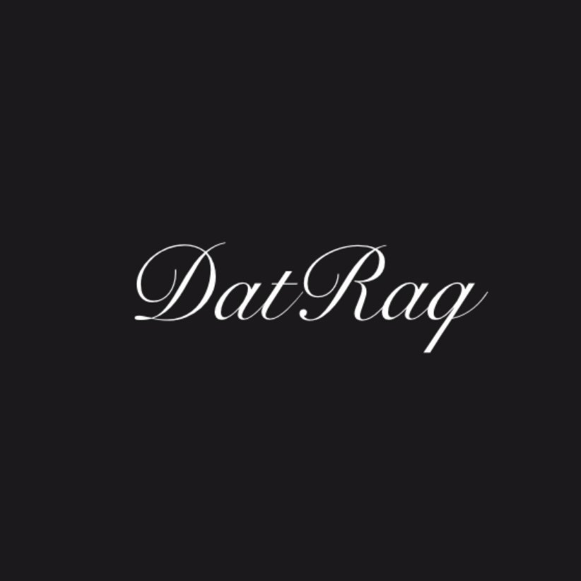 Dat Raq script logo in white on a black background